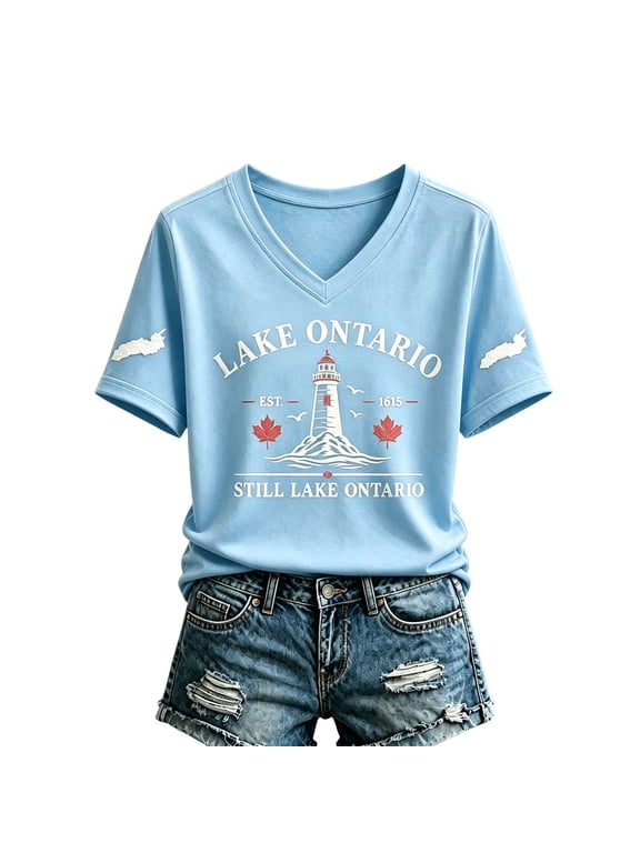 Womens Summer Tops - V Neck Short Sleeve Lake Ontario Lighthouse Print Casual Top