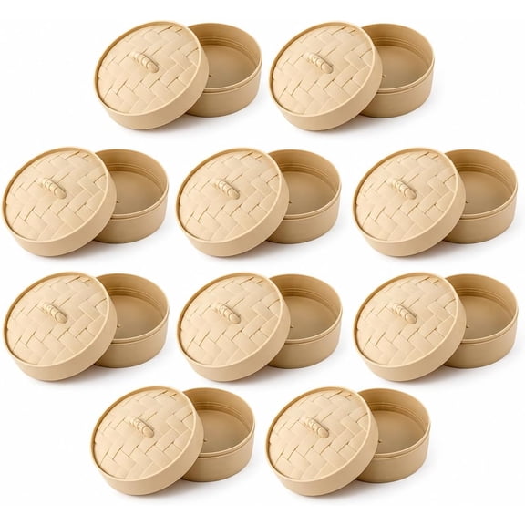 IAJFHAFS 10 Pack Beige Round Dumpling Storage Containers with Lids, 3.94 in Small Round Boxes, Cute Steamer Style Desk Organizer, DIY Squishies Bun Display Case, Craft & Home Storage Organizer