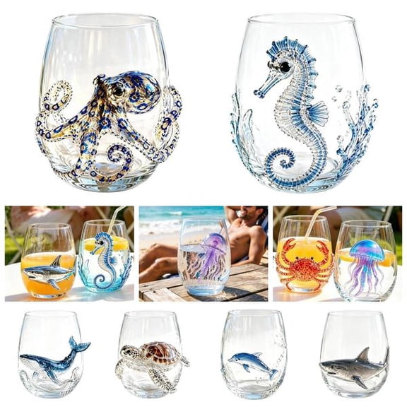 IAJFHAFS Artisanal Blue Ringed Turtle Glassware, 3D Sea Whale Stemless Glasses