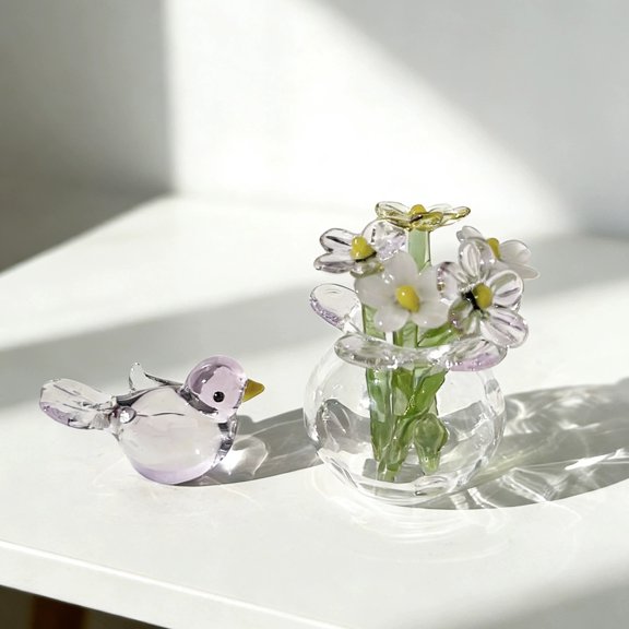 IAJFHAFS Fingertip Glass Bird Bouquet Figurine Mini Vase Desktop Handicraft Ornament for Home Table Accent