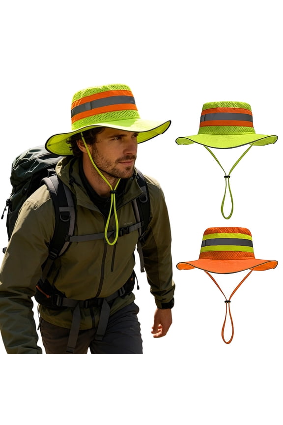 High Visibility Reflective Safety Sun Hat, Breathable Neon Mesh Bucket Boonie Hat Wide Brim Outdoor Fishing Cap for Men Women