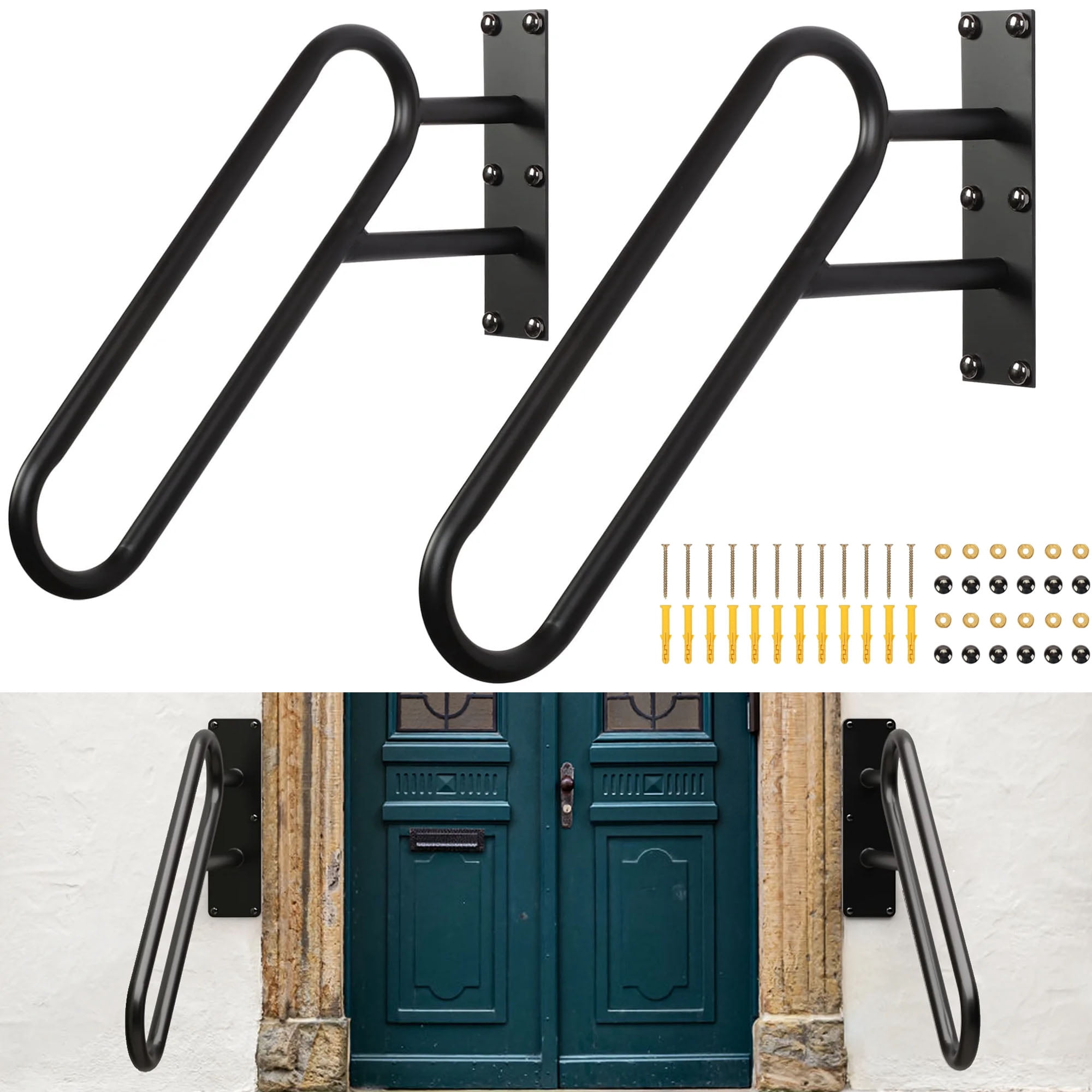 IAJXWI 2 Pack Handrails U-Shaped Stair for 1-2 Steps, 23" Black Stair Railings for Indoor or Outdoor, Wall Mounted Hand Railings for Porch Garage, Safety Grab Bars