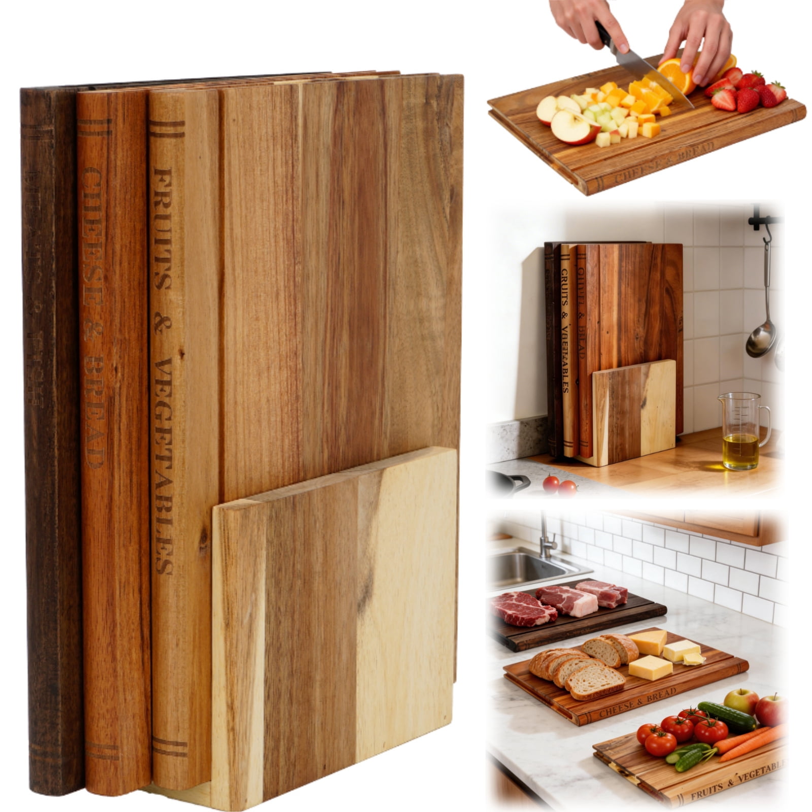 IAJXWI 3-Piece Cutting Boards Books, 13" x 9.7" Wooden Chopping Board with Stand, Cutting Board Book Shape for Kitchen, Vegetables, Cheese, Bread & Meat, Decorative Gift