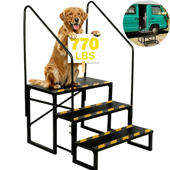 IAJXWI 3-Tier RV Stairs with 2 Handrails, 770lbs Heavy-Duty Steel RV Steps with Anti-Slip Tapes, Hot Tub Steps for Travel Camper Trailer, Mobile Home, Porch