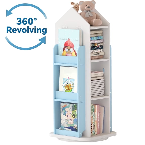IAJXWI 3 Tier Rotating Bookshelf, 360° Revolving Display Floor Standing Bookshelves, Spinning Book Shelf Organizer for Home Bedroom, Blue