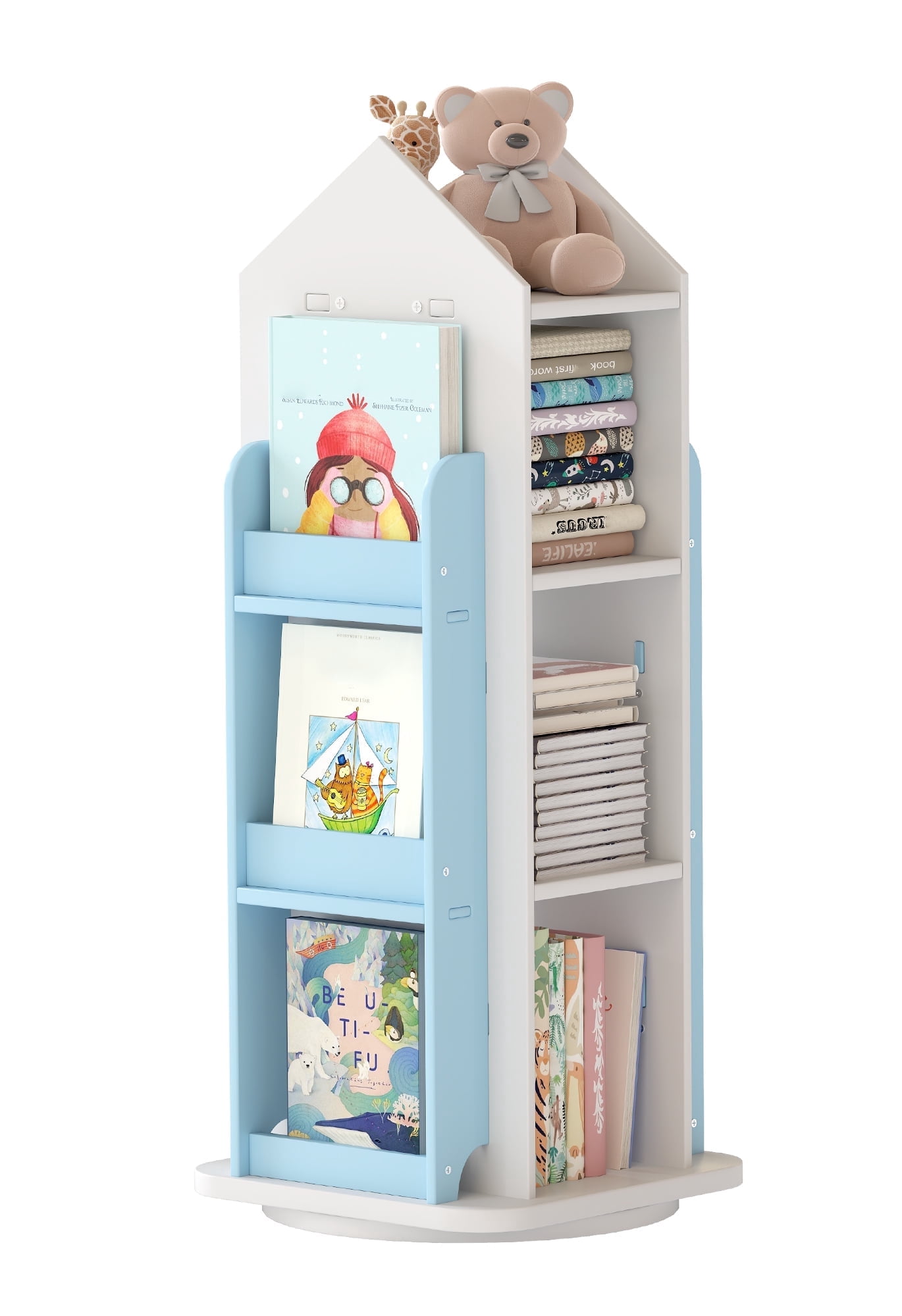 IAJXWI 3 Tier Rotating Bookshelf, 360° Revolving Display Floor Standing Bookshelves, Spinning Book Shelf Organizer for Home Bedroom, Blue