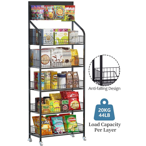 IAJXWI 5-Tier Retail Display Rack, Snack Display Rack for Versatile Merchandise Display with Wheels, 23.6 x 10.6 x 67 inch