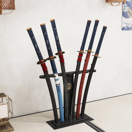 IAJXWI Wooden Sword Stand Holder,6-Hole Floor Sword Display Stand with Fan-shaped for Katana Samurai Decoration,Gift, Black