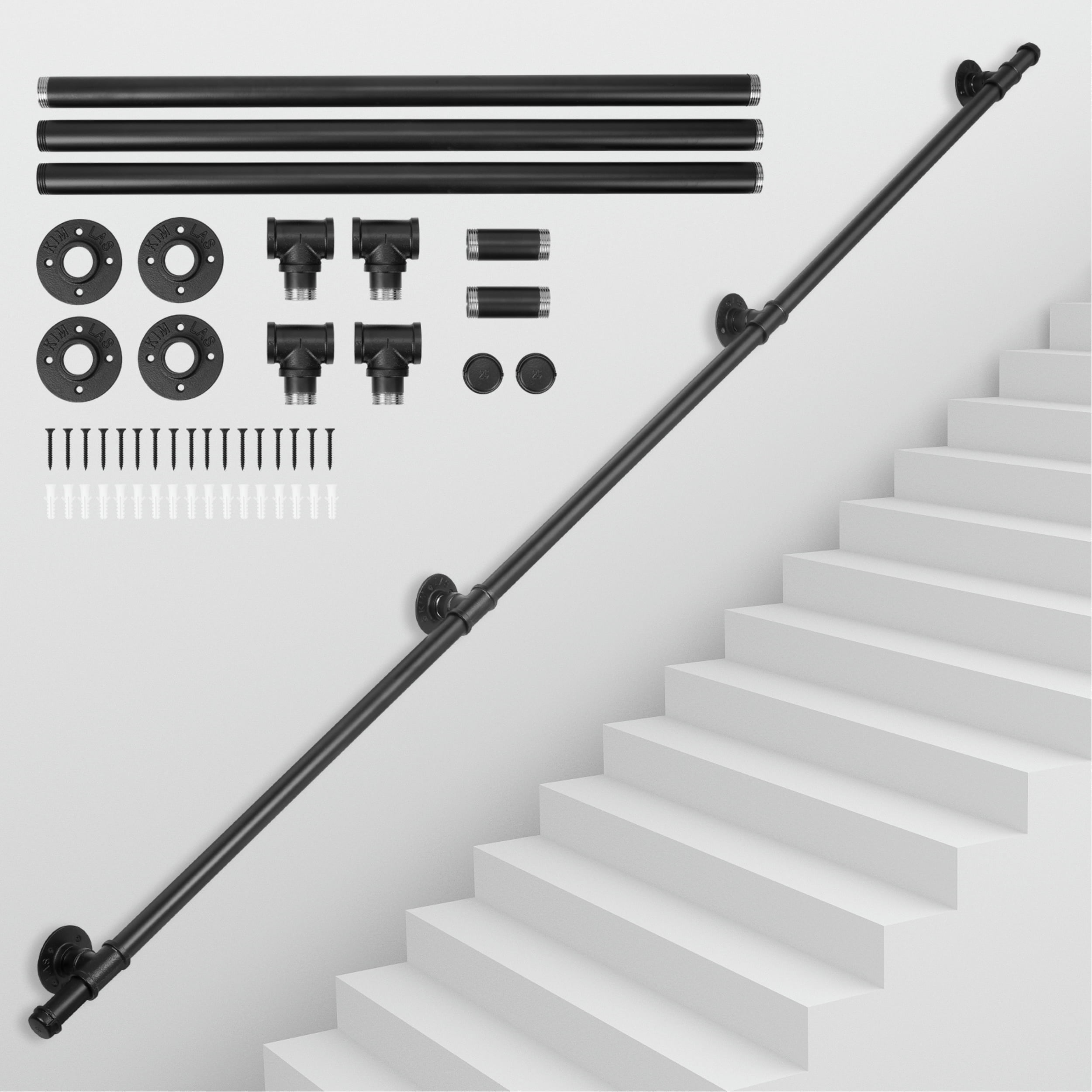IAJXWI 8.2 ft Wall Iron Handrail for Indoor Steps, Wall-mounted Stair Railing Hand Rail Pipe Staircase Hand Railing for Stairs, Black