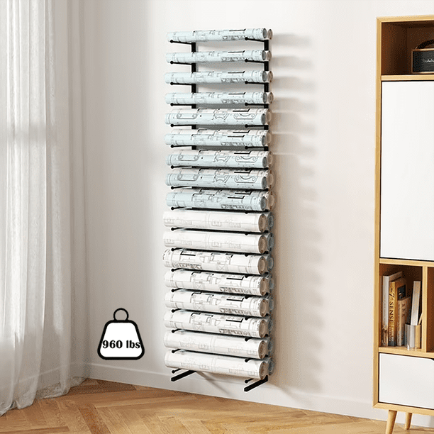 Wall Mount Blueprint & Poster Storage Rack - 84"H X 21"W, Holds 34 Rolls, Heavy Duty Metal Construction