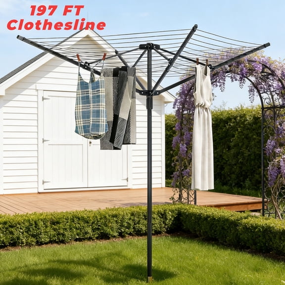 IAJXWI 197 FT Clothes Drying Rack, 4-Arm Heavy-Duty Rotary Clothesline, Folding Umbrella Drying Rack with Adjustable Height & 360° Rotation, Outdoor