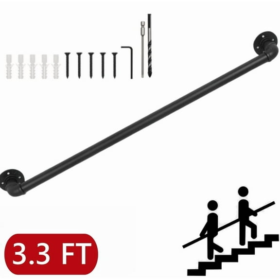 IAJXWI Pipe Stair Handrail, 3.3' Staircase Handrail, Industrial Pipe Handrails with Wall Mount Support, Round Corner Wall Handrailings, Black