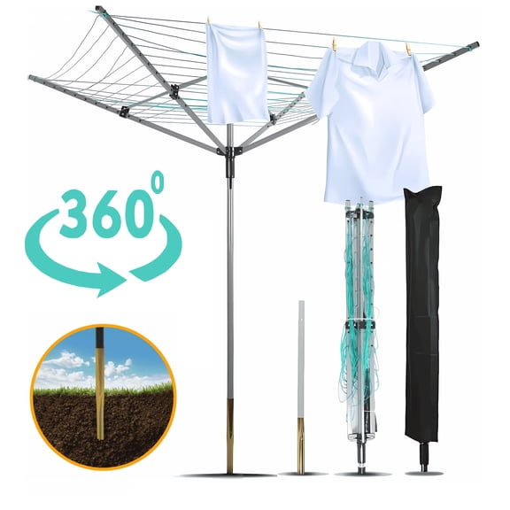 IAJXWI Umbrella Drying Rack,Heavy-Duty Steel Frame Outdoor Clothes Lines,12-Line 165ft Folding Drying Rack Clothing with Adjustable Height & 360°Rotation