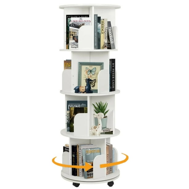 IAJXWI 4 Tier Rotating Bookshelf, Solid Wood Rotating Bookcase Storage ...