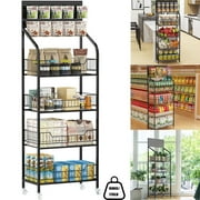 IAJXWI 4-Tier Strorage Shelf with Wheels, Retail Display Rack for Snack Candy, Black Multifunction Organizer Cart with Hooks