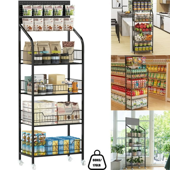IAJXWI 4-Tier Snack Display Rack with Wheels, Retail Display Rack for Snack Candy Supermaket  Black Multifunction Organizer Cart with Hooks