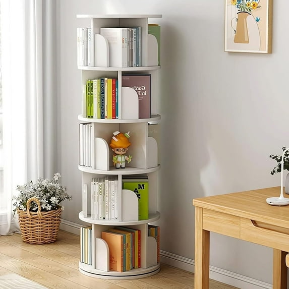 IAJXWI 5 Tier Wooden Rotating Bookcase, 360° Revolving Display Rack with 20 Shelves, Corner Bookshelf Tower for Home, Study, Office