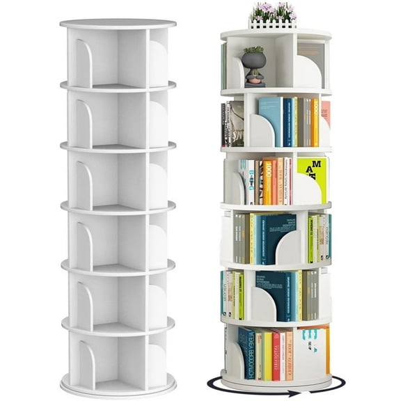 IAJXWI 6-Tier Wooden Rotating Bookcase, 360° Revolving Display Rack with 24 Shelves, White 74"x18"x18"