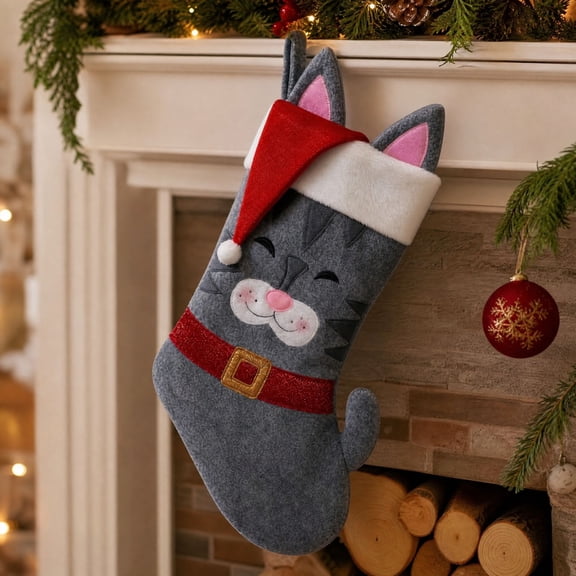 IALBKGU 17.7 Inch Felt Cat Christmas Stocking with Santa Hat & Plush Cuff,Pet Hanging Stocking for Fireplace Mantel,Xmas Holiday Gift for Cat Lovers (Gray)