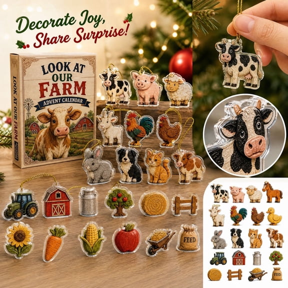 IALBKGU 24 Pcs Farm Animal Ornaments, 2D Acrylic Hanging Decorations for Christmas Tree, Rustic Barnyard Tractor Cow Pig Sheep, Box for Kids Classroom Home Wall Party Favor