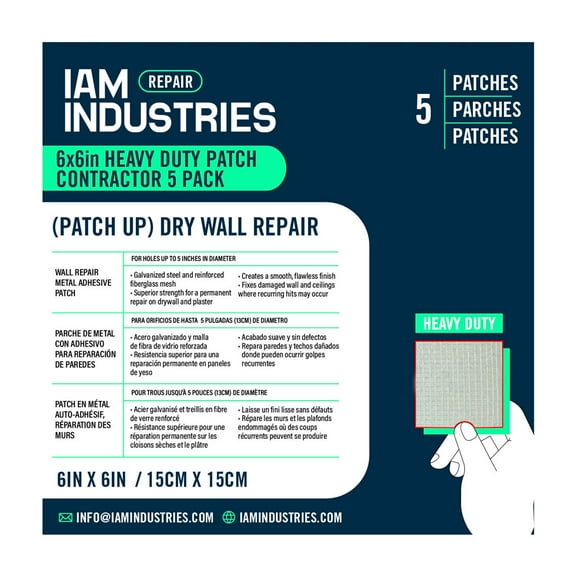 IAM Industries 5 Pieces, 6 Inch Dry Wall Hole Repair Patches, Heavy Duty Self-Adhesive Fiber Mesh over Galvanized Steel (5 Patches)
