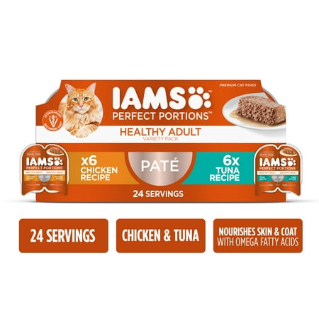 IAMS PERFECT PORTIONS Healthy Adult Grain Free* Wet Cat Food Pate Variety Pack, Chicken Recipe and Tuna Recipe, 2.6 oz. Easy Peel Twin-Pack Trays