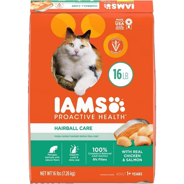 Iams Proactive Health Adult Hairball Care Dry Cat Food with Chicken and Salmon Cat Kibble 16