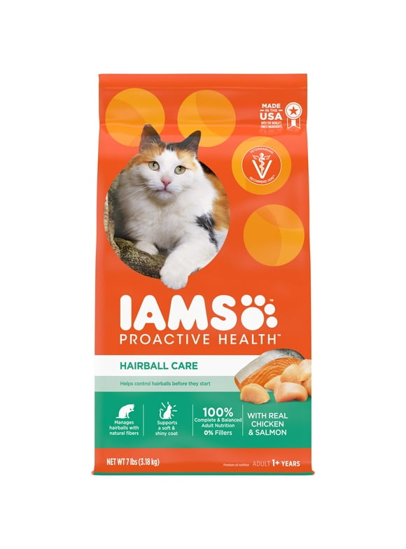 IAMS PROACTIVE HEALTH Hairball Care Chicken and Salmon Dry Cat Food for Adult Cat, 7 lb. Bag