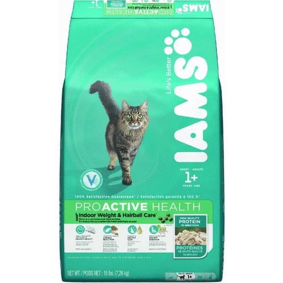IAMS ProActive Health Adult Indoor Weight Control & Hairball Care Dry Cat Food with Chicken & Turkey Cat Kibble 16 lbs.