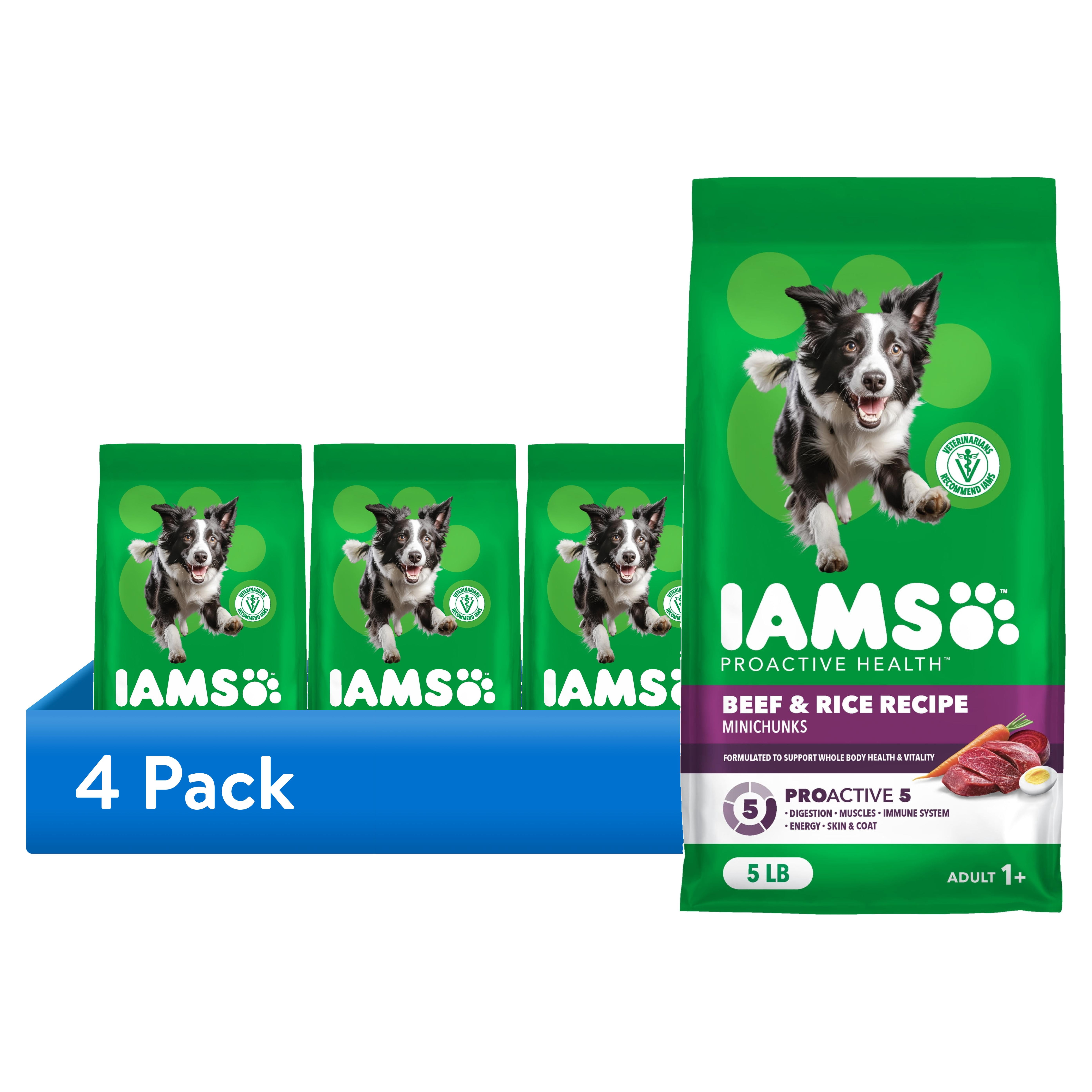 (4 pack) IAMS Proactive Health Adult MiniChunks Beef & Rice Recipe Dry Dog Food, 5 lb Bag