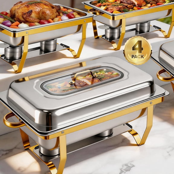 Chafing Dish Buffet Set 4Pack, 9QT Rectangular Stainless Steel Chafer and Buffet Warmer Sets for Hotel Catering, Parties, Weddings(Gold)