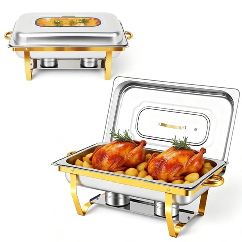 Chafing Dishes for Buffet 2 Pack, 9QT Roll Edge Designed Chafing Dish Buffet Set [Semi-Glass Lid] Food Warmers for Parties, Birthday, Holiday Parties, Church Events (Semi-Gold)