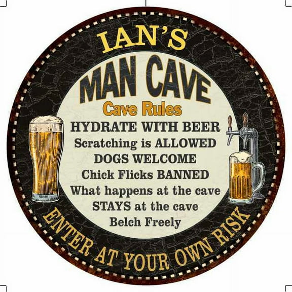 IAN'S Man Cave Rules 14" Round Metal Sign Garage Bar Decor 100140010010