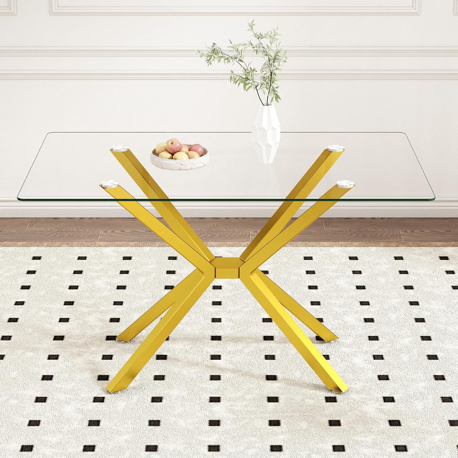 IANIYA 47.2" Rectangular Glass Dining Table, Black Tempered Kitchen Table with Black Metal Legs ...