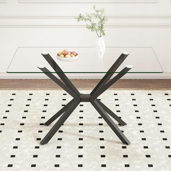IANIYA 51.2" Rectangular Glass Dining Table, Tempered Kitchen Table with Black Metal Legs, Modern Dinner Table for Kitchen Dining Room