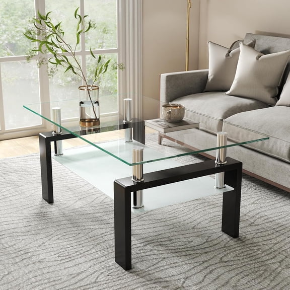 IANIYA Rectangle Glass Coffee Table, Modern Living Room Table with Black Metal Legs, Center Table for Bedroom Small Space Waiting Room