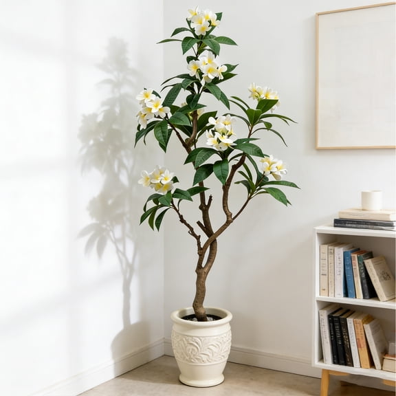 IARTTOP 5.6ft Artificial Plumeria Tree White Yellow Flower Faux Green Leaves Plant With Pot For Home Office Indoor Outdoor Party Decor