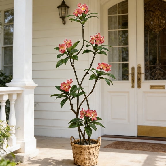 IARTTOP 5.7ft Artificial Plumeria Plant Fake Pink Flower Green Leaves Evergreen Tree With Pot For Home Office Indoor Outdoor Party Decor