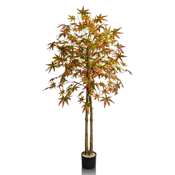 IARTTOP 5ft Artificial Maple Tree Faux Green Orange Leaves Natural Look For Home Office Party Indoor Outdoor Porch Entryway