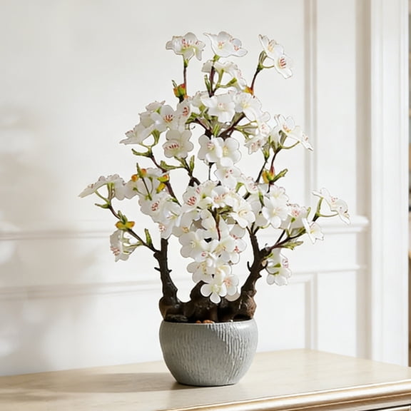 IARTTOP Cherry Blossom Bonsai Tree Natural Trunk White Flower Faux with Pot for Home Office Indoor Tabletop Desk Kitchen 1.5 ft