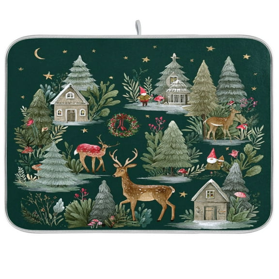 IAUYY 16 x 18 Inch Dish Drying Mat Dish Drying Mat Microfiber Kitchen Mats Large Counter Absorbent Dish Pad Drainer Rack Christmas Forest