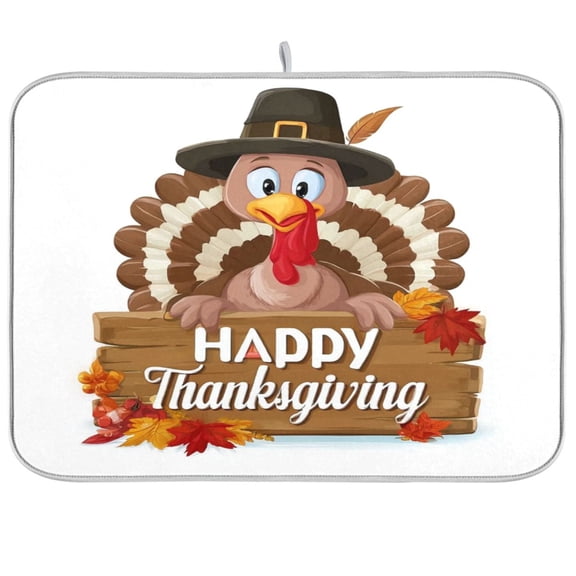 Iauyy Dish Drying Mat for Kitchen Counter, Super Absorbent & Hanging 16x18 / 18x24 Inch (S/M) Turkey Wearing A Hat