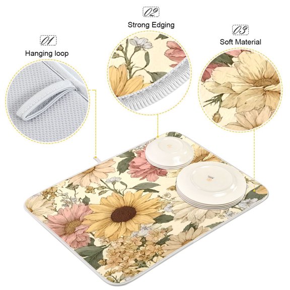 Iauyy Dish Drying Mat for Kitchen Counter, Super Absorbent & Hanging 16x18 / 18x24 Inch (S/M) B Retro Floral Patterns