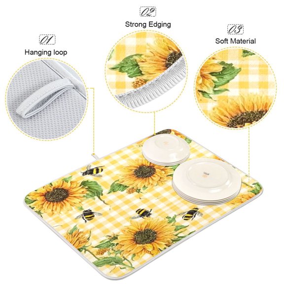 Iauyy Dish Drying Mat for Kitchen Counter, Super Absorbent & Hanging 16x18 / 18x24 Inch (S/M) Checkerboard Sunflower