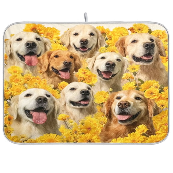 Iauyy Dish Drying Mat for Kitchen Counter, Super Absorbent & Hanging 16x18 / 18x24 Inch (S/M) Daisies and Dogs