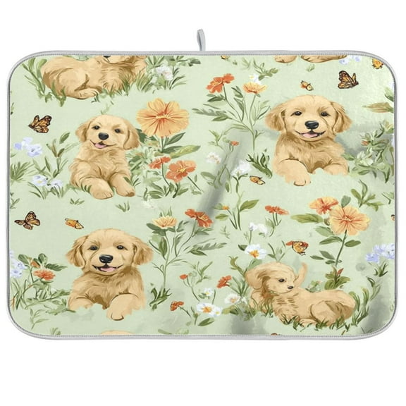 IAUYY 18 x 24 Inch Dish Drying Mat Dish Drying Mat Microfiber Kitchen Mats Large Counter Absorbent Dish Pad Drainer Rack Flower and Dog