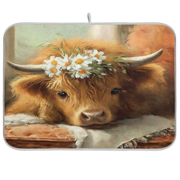 IAUYY 18 x 24 Inch Dish Drying Mat Dish Drying Mat Microfiber Kitchen Mats Large Counter Absorbent Dish Pad Drainer Rack Little Cow Resting