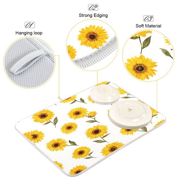 Iauyy Dish Drying Mat for Kitchen Counter, Super Absorbent & Hanging 16x18 / 18x24 Inch (S/M) Simple Sunflower