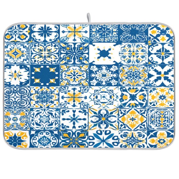 Iauyy Dish Drying Mat for Kitchen Counter, Super Absorbent & Hanging 16x18 / 18x24 Inch (S/M) Spanish Tile Elements