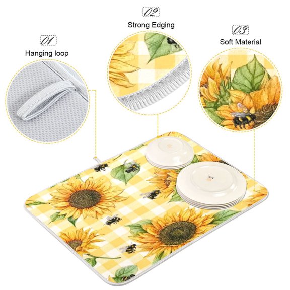 Iauyy Dish Drying Mat for Kitchen Counter, Super Absorbent & Hanging 16x18 / 18x24 Inch (S/M) Sunflowers and Bumblebees